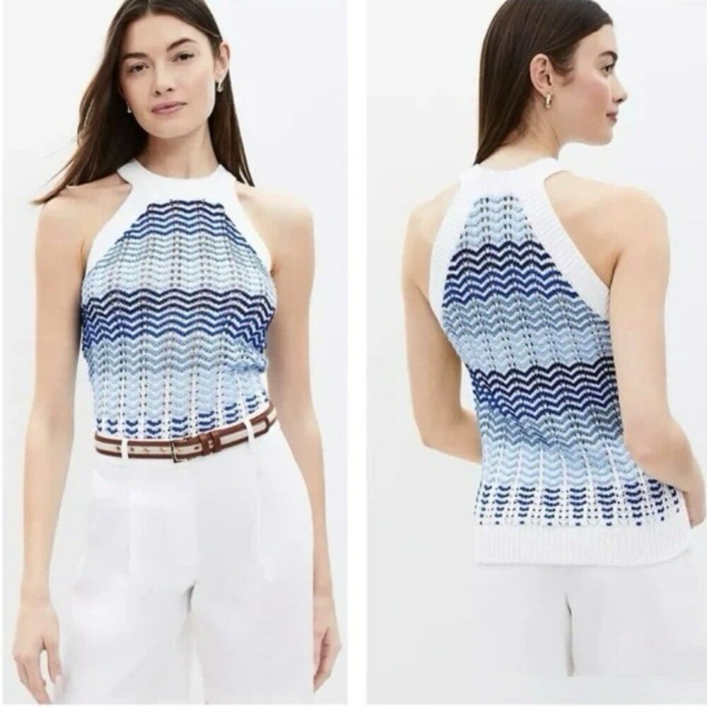 LOFT Halter‎ Knit Sweater Tank Top White Blue Sleeveless XS Nautical Striped